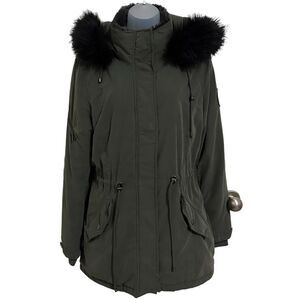 DNKY Dark Forest Green Cinched Tie Waist Puffy Fo Hood Pocket Midi Heavy Jacket